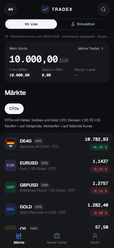 TRADEX auf dem Handy: Startansicht mit Kontostand und Liste der Werte